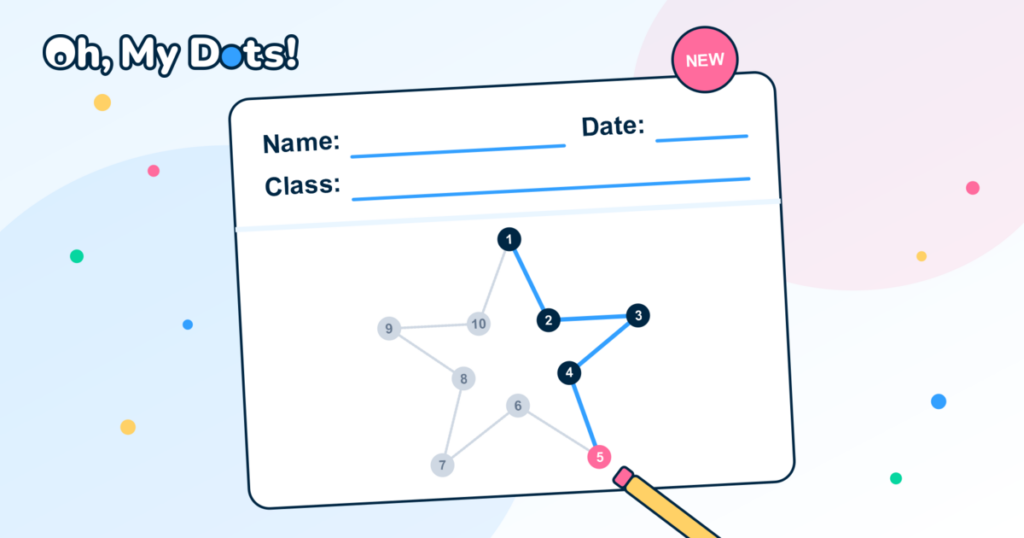 Illustration of a printed Oh, my Dots! worksheet with a new header reading Name, Date, and Class, sitting above a partly-completed numbered dot-to-dot star puzzle, with a pencil resting on the page and the Oh, my Dots! logo in the top-left corner.