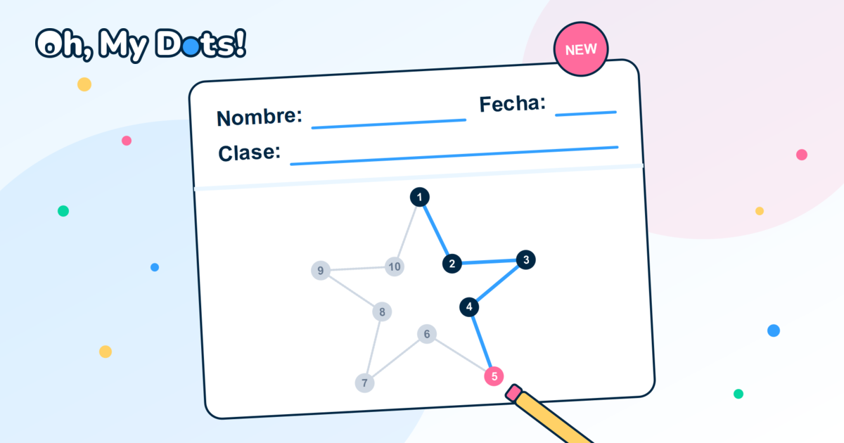 Ilustración de una hoja impresa de Oh, my Dots! con un nuevo encabezado que dice "Nombre," "Fecha" y "Clase," sobre un rompecabezas de unir puntos en forma de estrella parcialmente resuelto, con un lápiz apoyado en la hoja y el logo de Oh, my Dots! en la esquina superior izquierda.