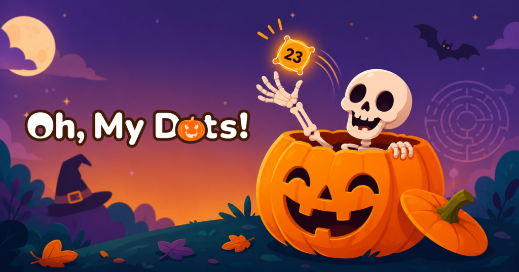 A grinning jack-o'-lantern at night with a cartoon skeleton popping out of the top, reaching for a glowing numbered tag, next to the Oh, My Dots! logo, with a witch hat and bat in the background.