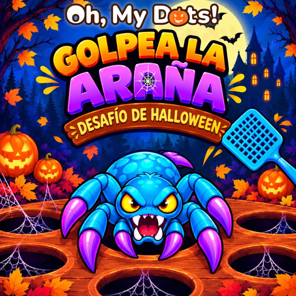 Golpea la araña, desafío de Halloween: una araña azul de dibujos animados con cara de enojo sale de un agujero en un tablero de madera, con un matamoscas, calabazas de Halloween, una casa embrujada y la luna llena al fondo, bajo el logotipo de Oh, My Dots!.